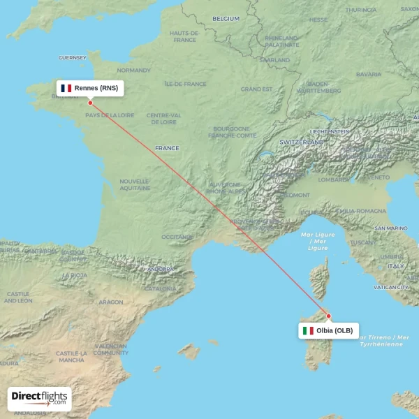 Rennes - Olbia direct flight map