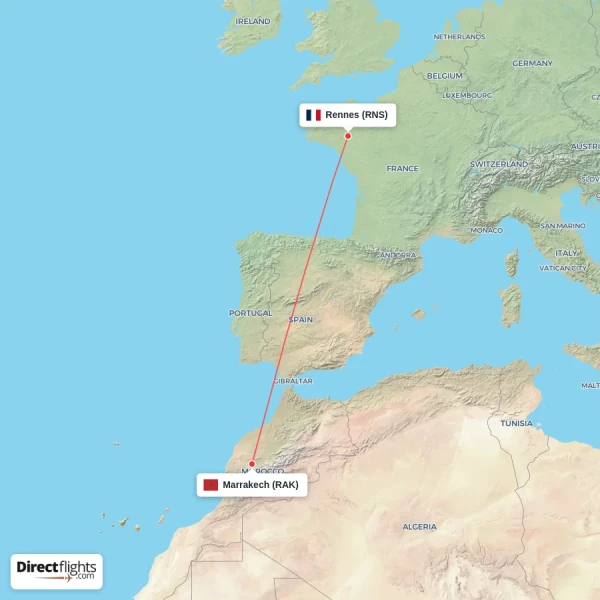 Rennes - Marrakech direct flight map