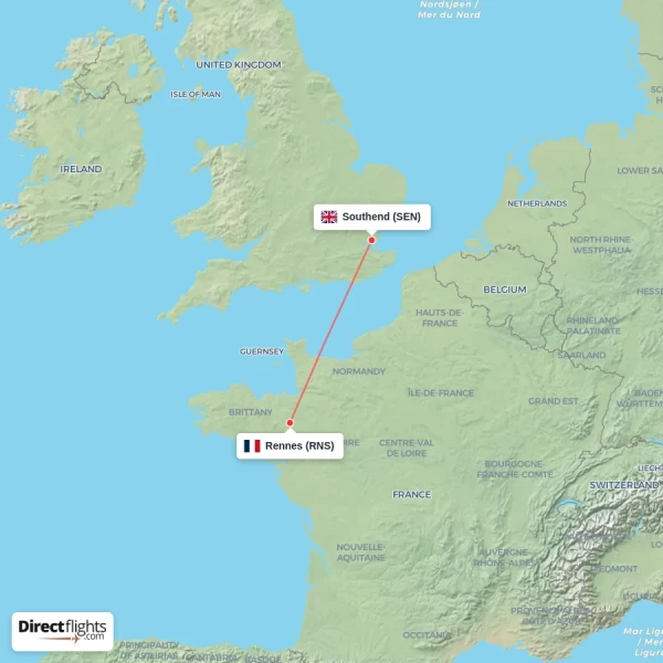 Rennes - Southend direct flight map