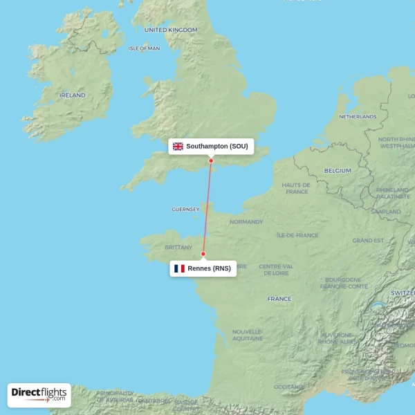 Rennes - Southampton direct flight map