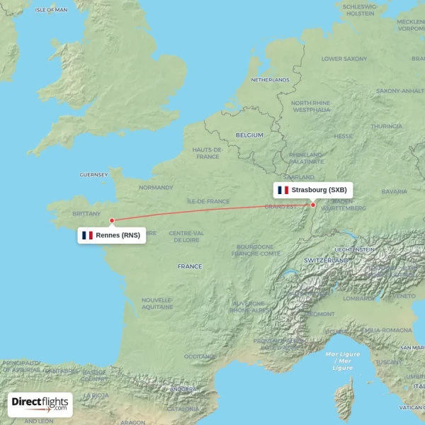 Rennes - Strasbourg direct flight map