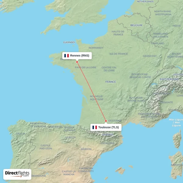 Rennes - Toulouse direct flight map