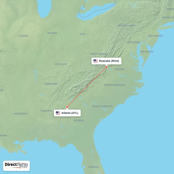 Roanoke - Atlanta direct flight map
