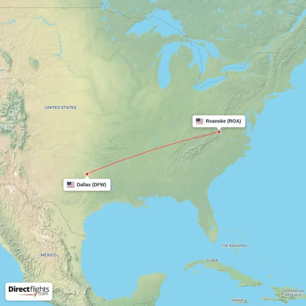 Roanoke - Dallas direct flight map