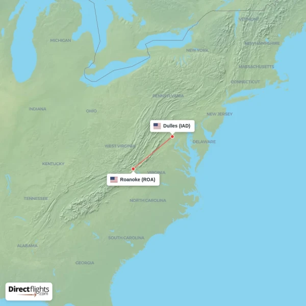 Roanoke - Dulles direct flight map