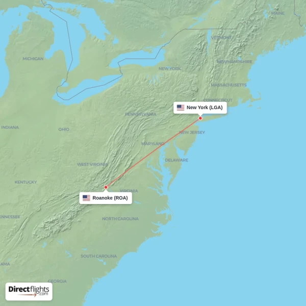 Roanoke - New York direct flight map