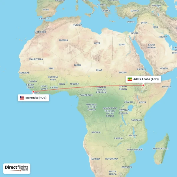Monrovia - Addis Ababa direct flight map