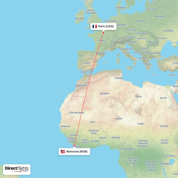 Monrovia - Paris direct flight map