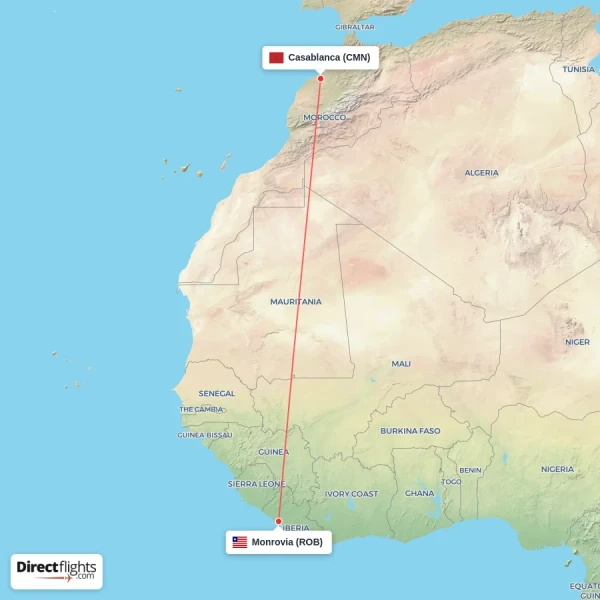 Monrovia - Casablanca direct flight map