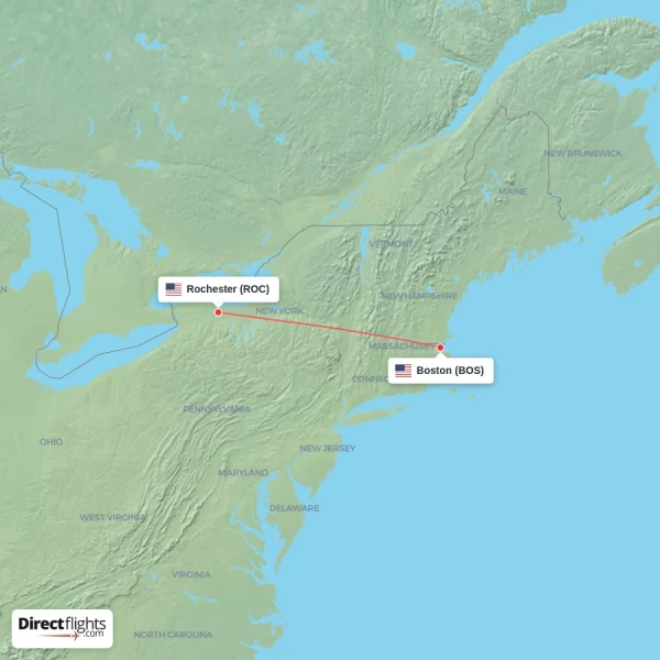 Rochester - Boston direct flight map