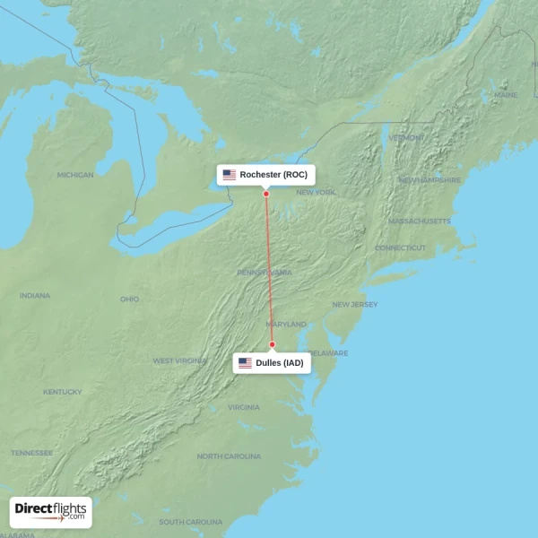 Rochester - Dulles direct flight map