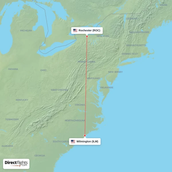 Rochester - Wilmington direct flight map