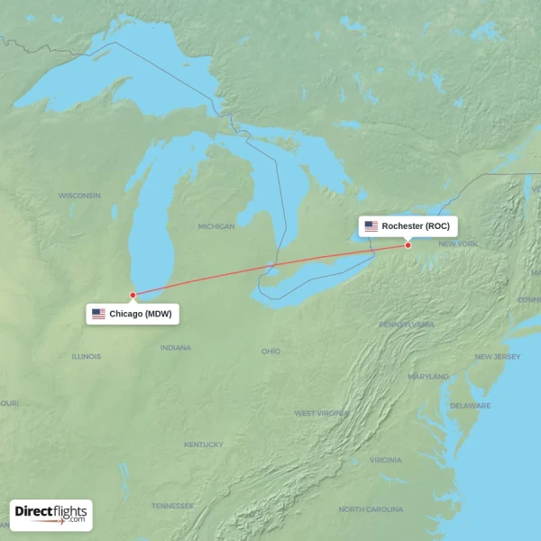 Rochester - Chicago direct flight map