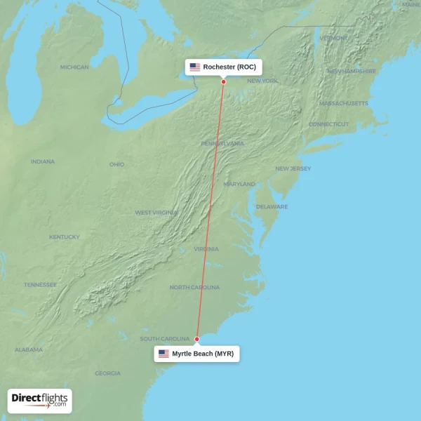 Rochester - Myrtle Beach direct flight map