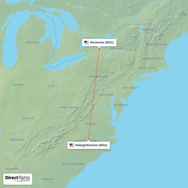 Rochester - Raleigh/Durham direct flight map