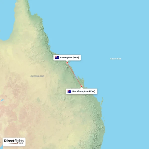 Rockhampton - Proserpine direct flight map