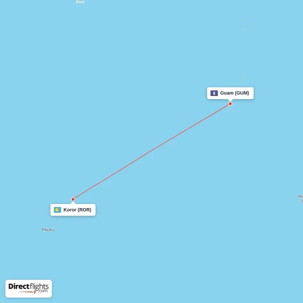Koror - Guam direct flight map
