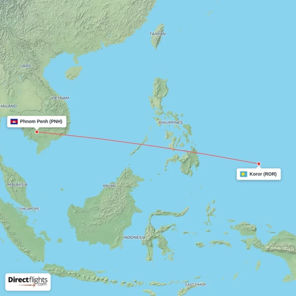Koror - Phnom Penh direct flight map