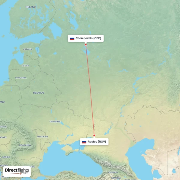 Rostov - Cherepovets direct flight map