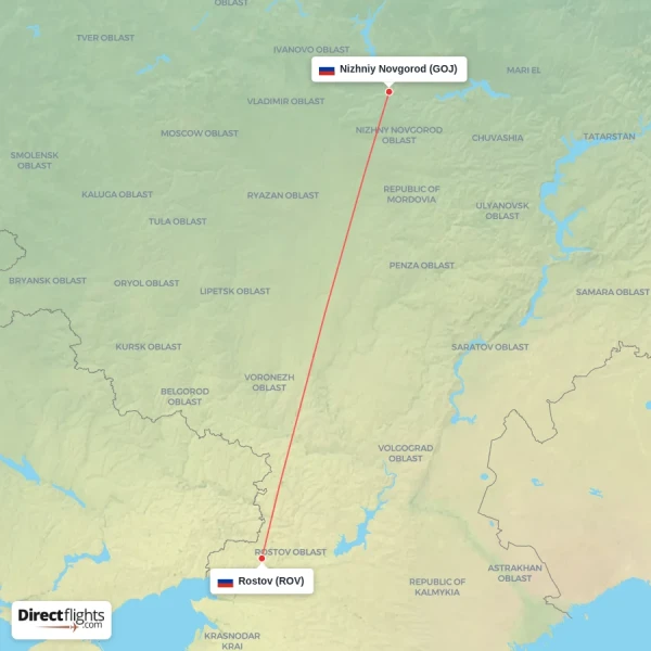 Rostov - Nizhniy Novgorod direct flight map