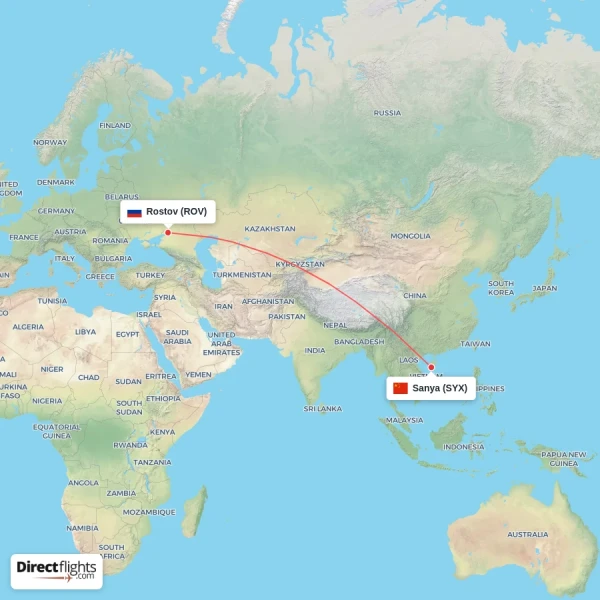 Rostov - Sanya direct flight map