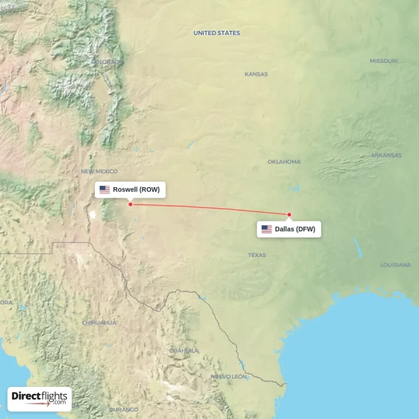 Roswell - Dallas direct flight map