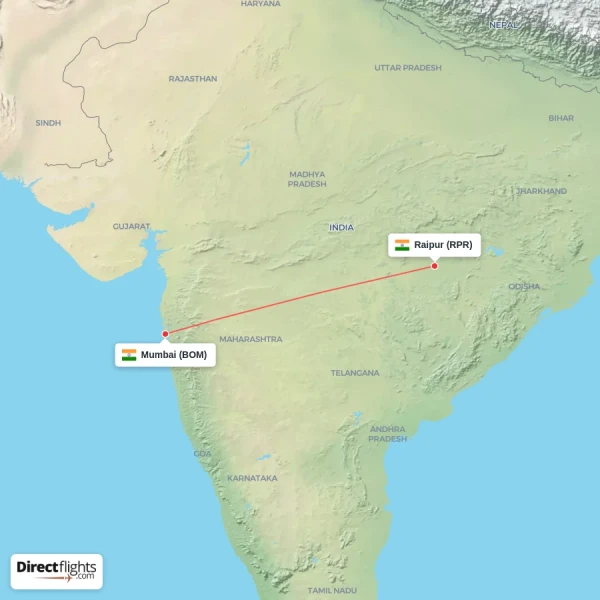 Raipur - Mumbai direct flight map