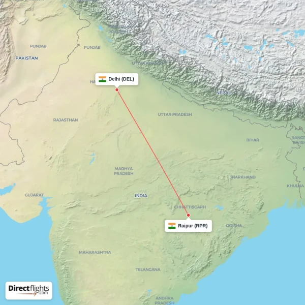 Raipur - Delhi direct flight map