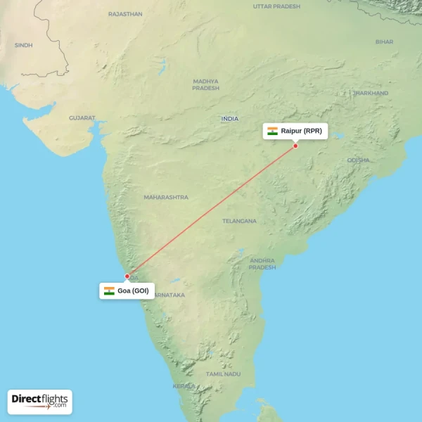 Raipur - Goa direct flight map