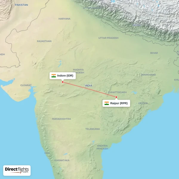 Raipur - Indore direct flight map