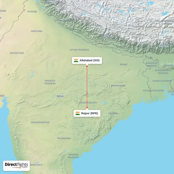Raipur - Allahabad direct flight map