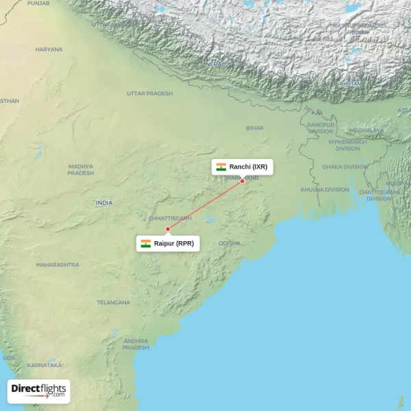Raipur - Ranchi direct flight map