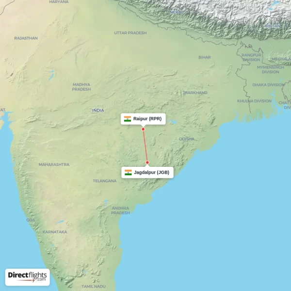 Raipur - Jagdalpur direct flight map