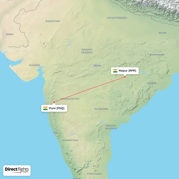 Raipur - Pune direct flight map
