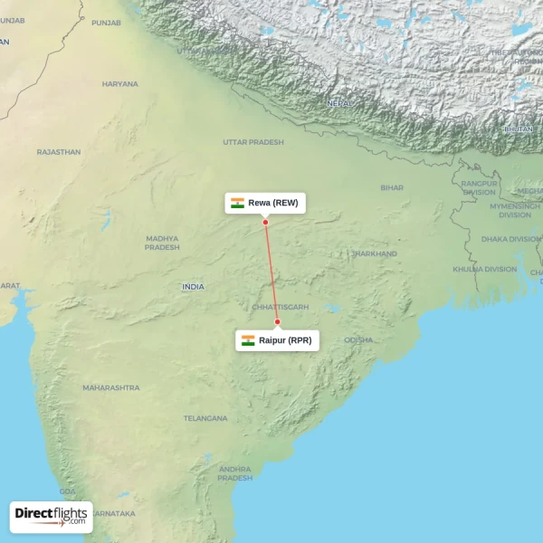 Raipur - Rewa direct flight map