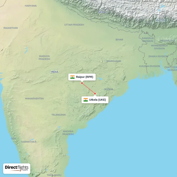 Raipur - Utkela direct flight map