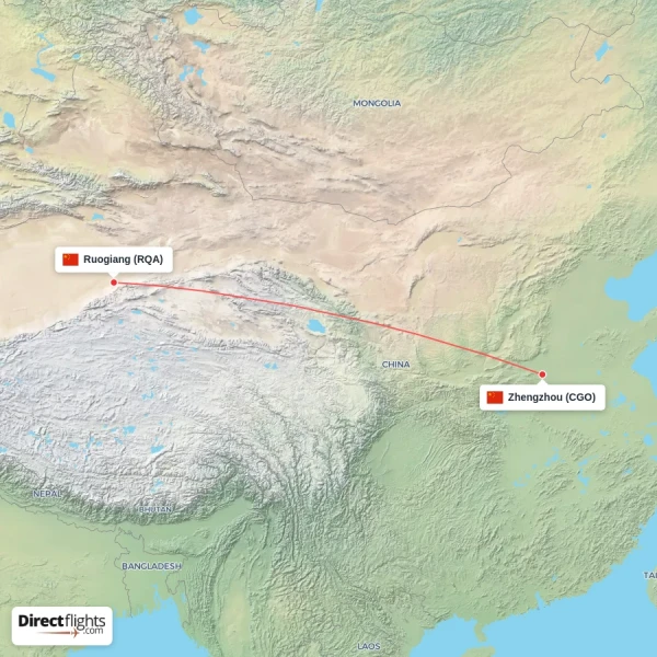 Ruogiang - Zhengzhou direct flight map