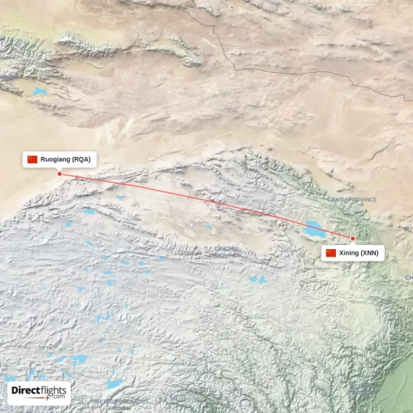 Ruogiang - Xining direct flight map