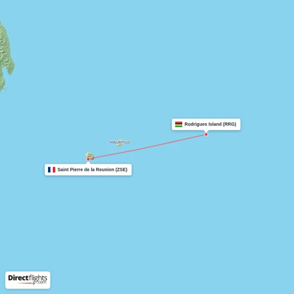 Rodrigues Island - Saint Pierre de la Reunion direct flight map