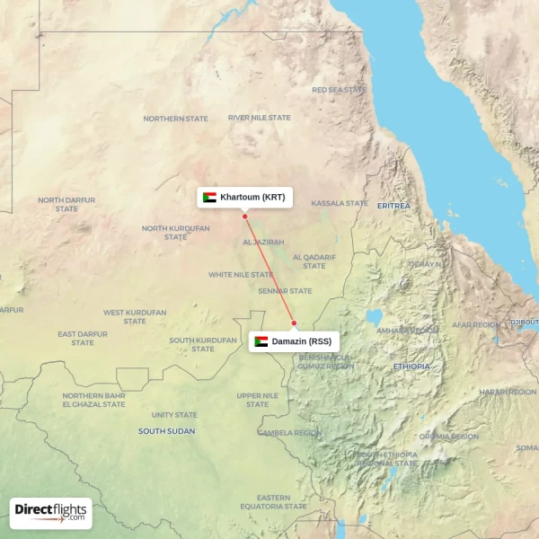 Damazin - Khartoum direct flight map