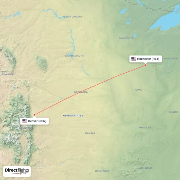 Rochester - Denver direct flight map