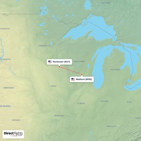 Rochester - Madison direct flight map
