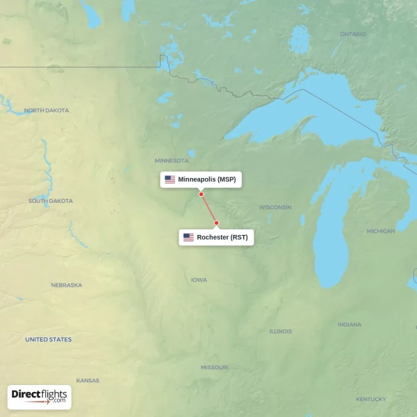 Rochester - Minneapolis direct flight map