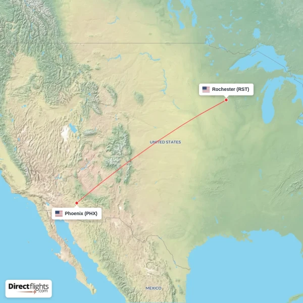 Rochester - Phoenix direct flight map