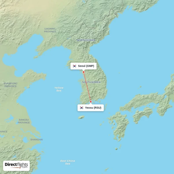 Yeosu - Seoul direct flight map