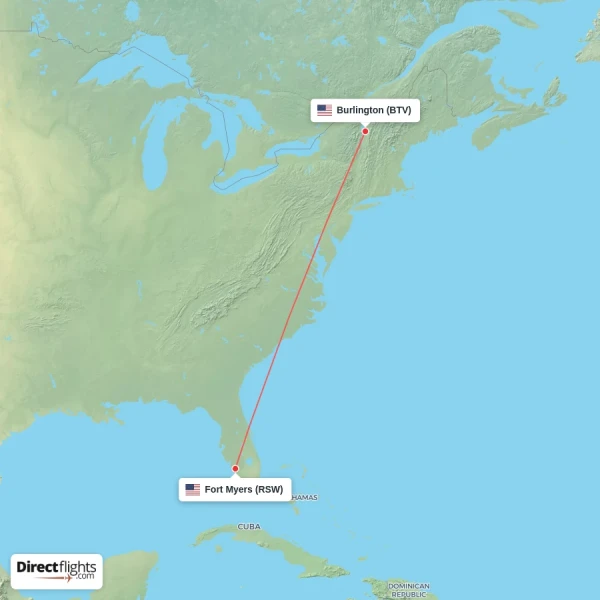 Fort Myers - Burlington direct flight map