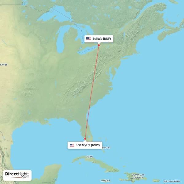 Fort Myers - Buffalo direct flight map