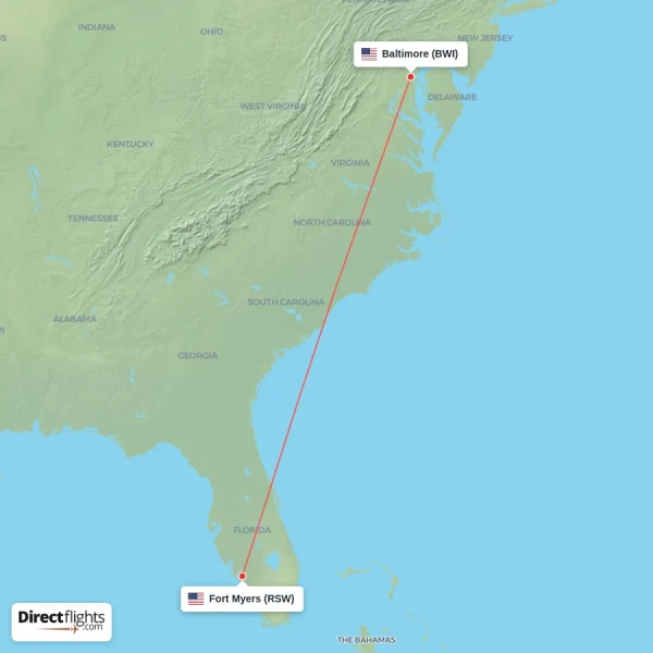 Fort Myers - Baltimore direct flight map