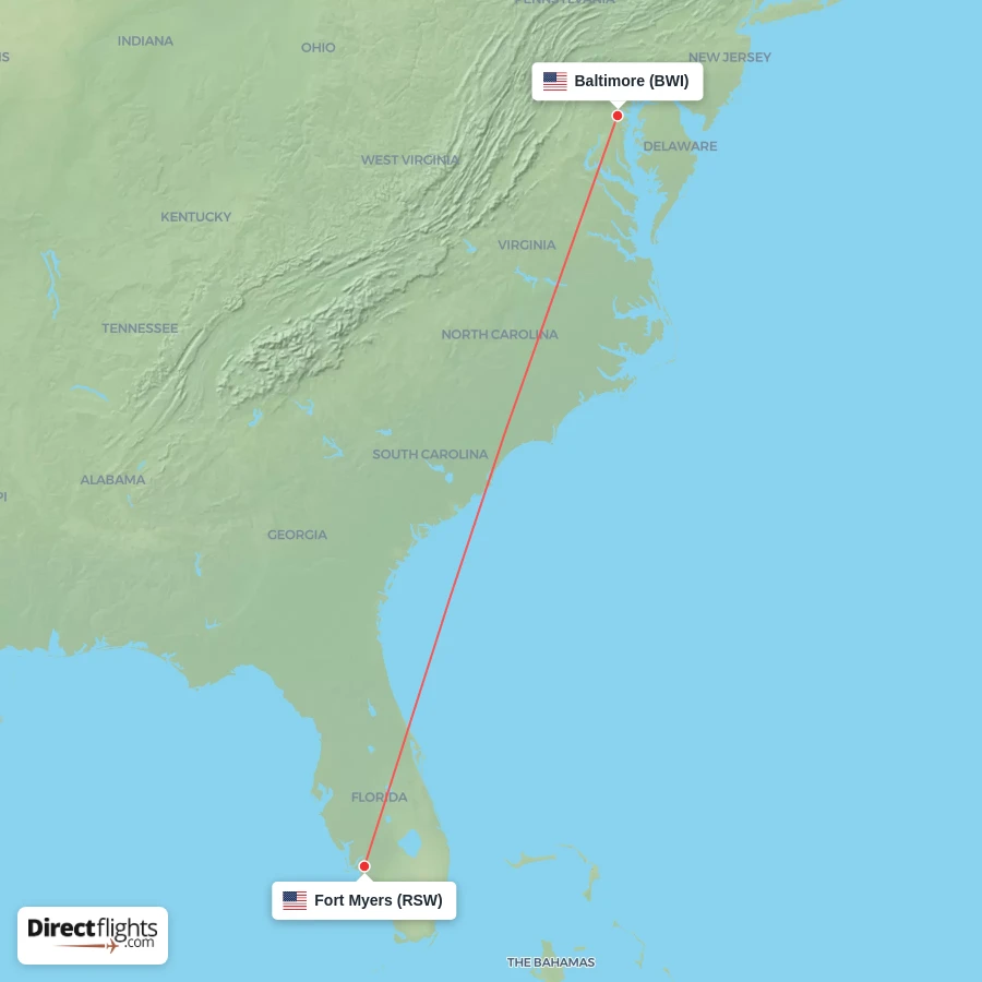 RSW - BWI route map