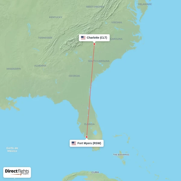 Fort Myers - Charlotte direct flight map